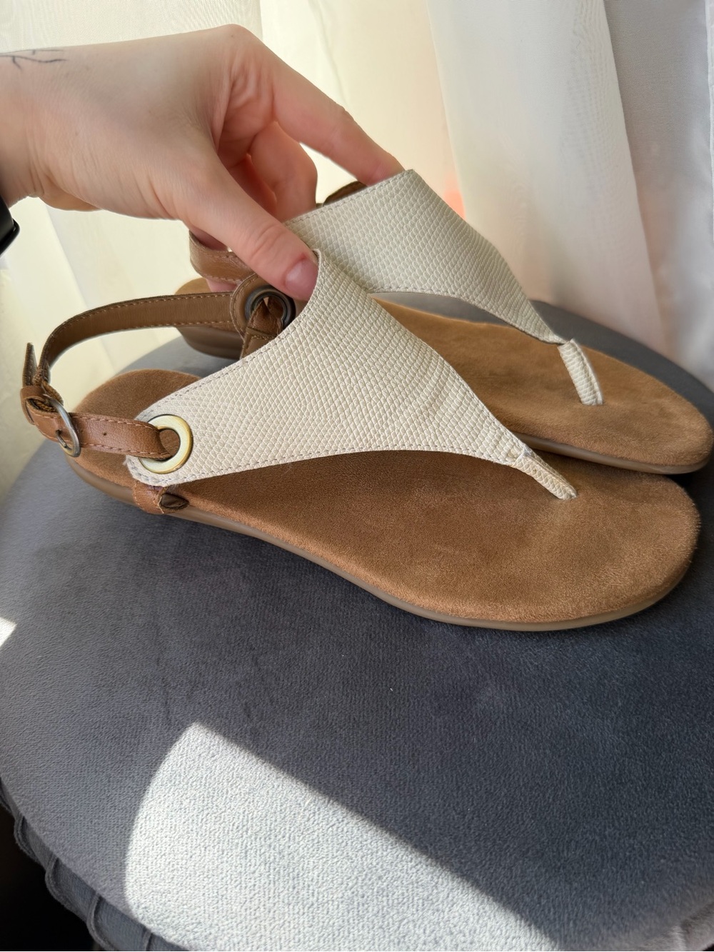 AEROSOLES Cream and Brown Thong Sandals with Back Strap
